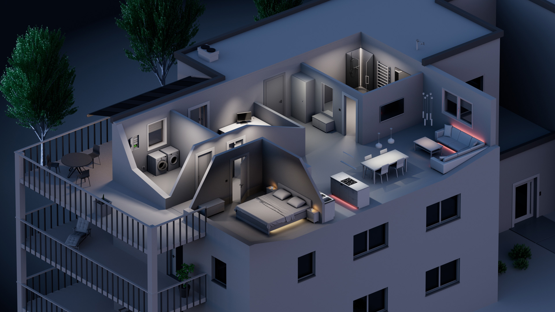 PH-Wohnbau-Lighting Ein Bild, welches die verschiedenen Lichtstimmungen in einer Wohnung symbolisiert.